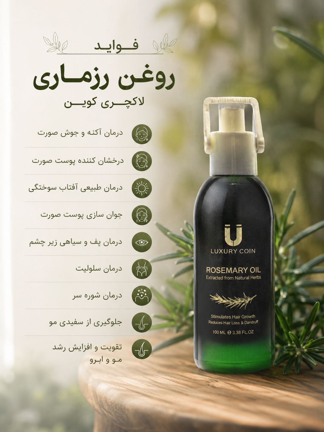 روغن رزماری برند لاکچری کوین اصل فرانسه__ رفع شوره و خارش و ریزش مو | بیوممتیک چندکاره، کمک به کاهش شوره و خارش سر، کاهش ظاهر ریزش مو و تقویت ظاهر مو – ۱ عددی