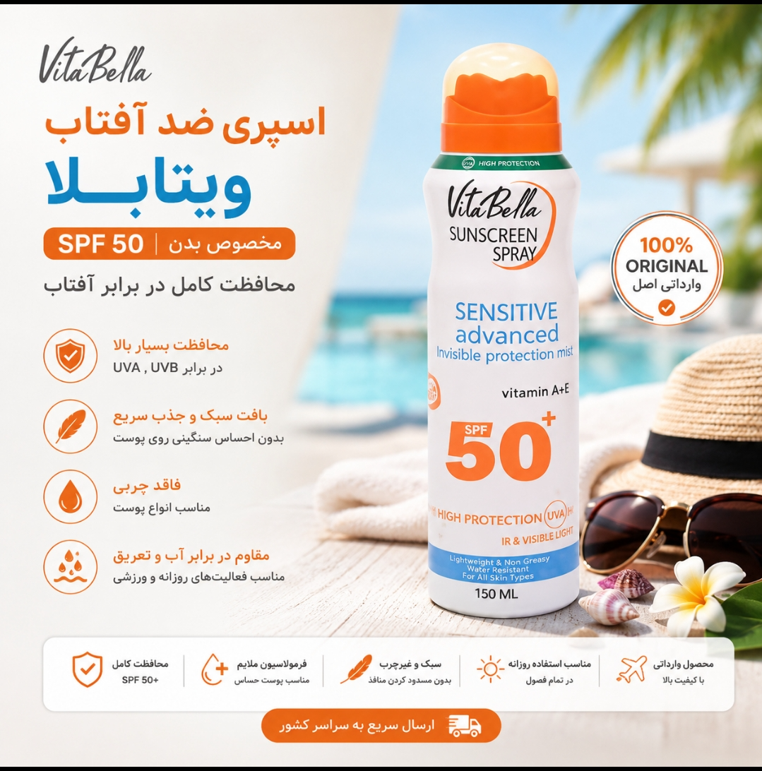 اسپری ضد آفتاب SPF50 برند ویتابلا مخصوص بدن، جلوگیری از آفتاب سوختگی، وارداتی اصل از نمایندگی ایران زمین | محافظت بالا در برابر آفتاب، کمک به پیشگیری از آفتاب‌سوختگی و مناسب استفاده روی بدن – ۱ عددی